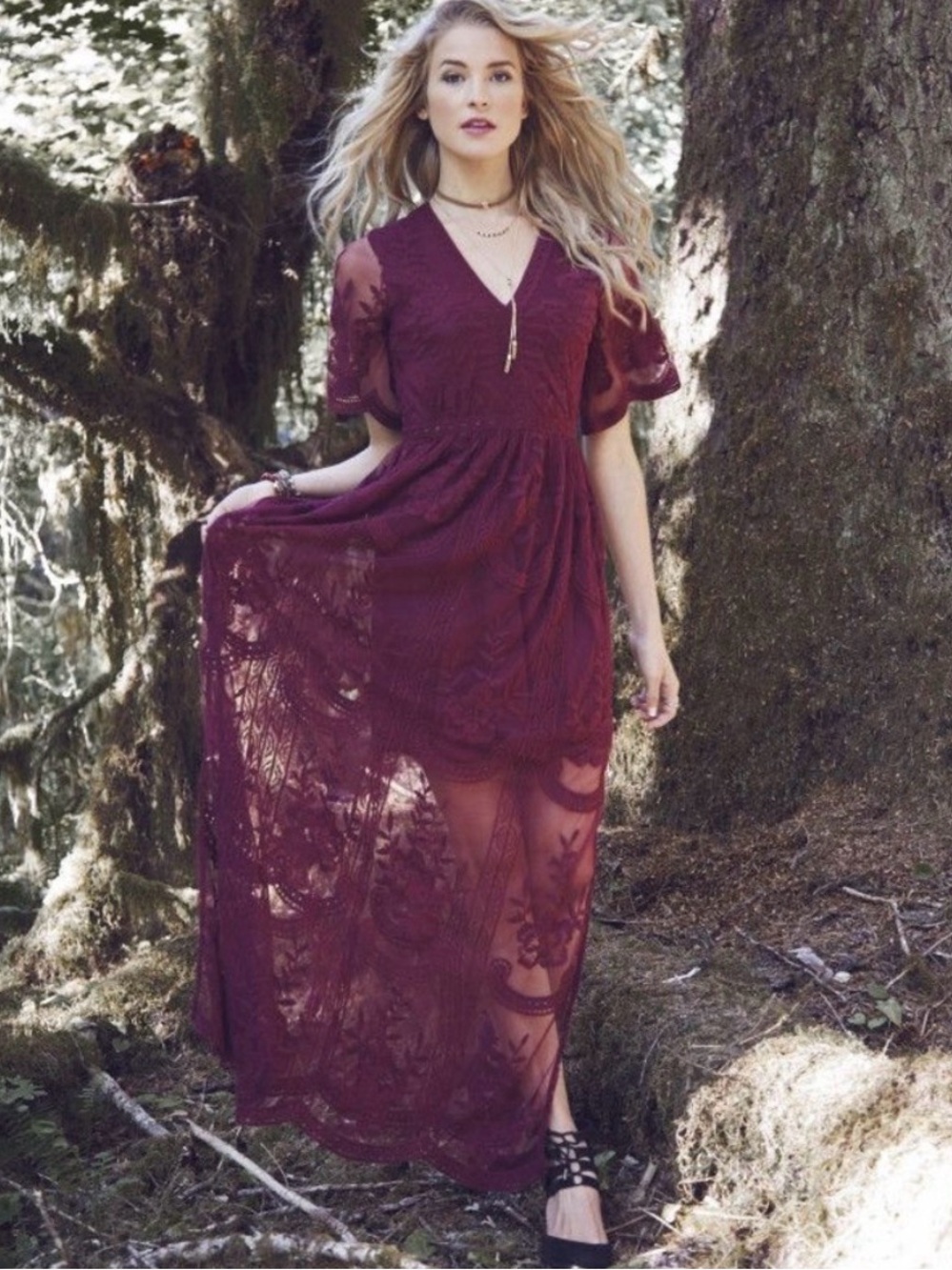 Altar'd State Women Marionette Maxi Dress Burgundy Floral Lace Mesh in Wine